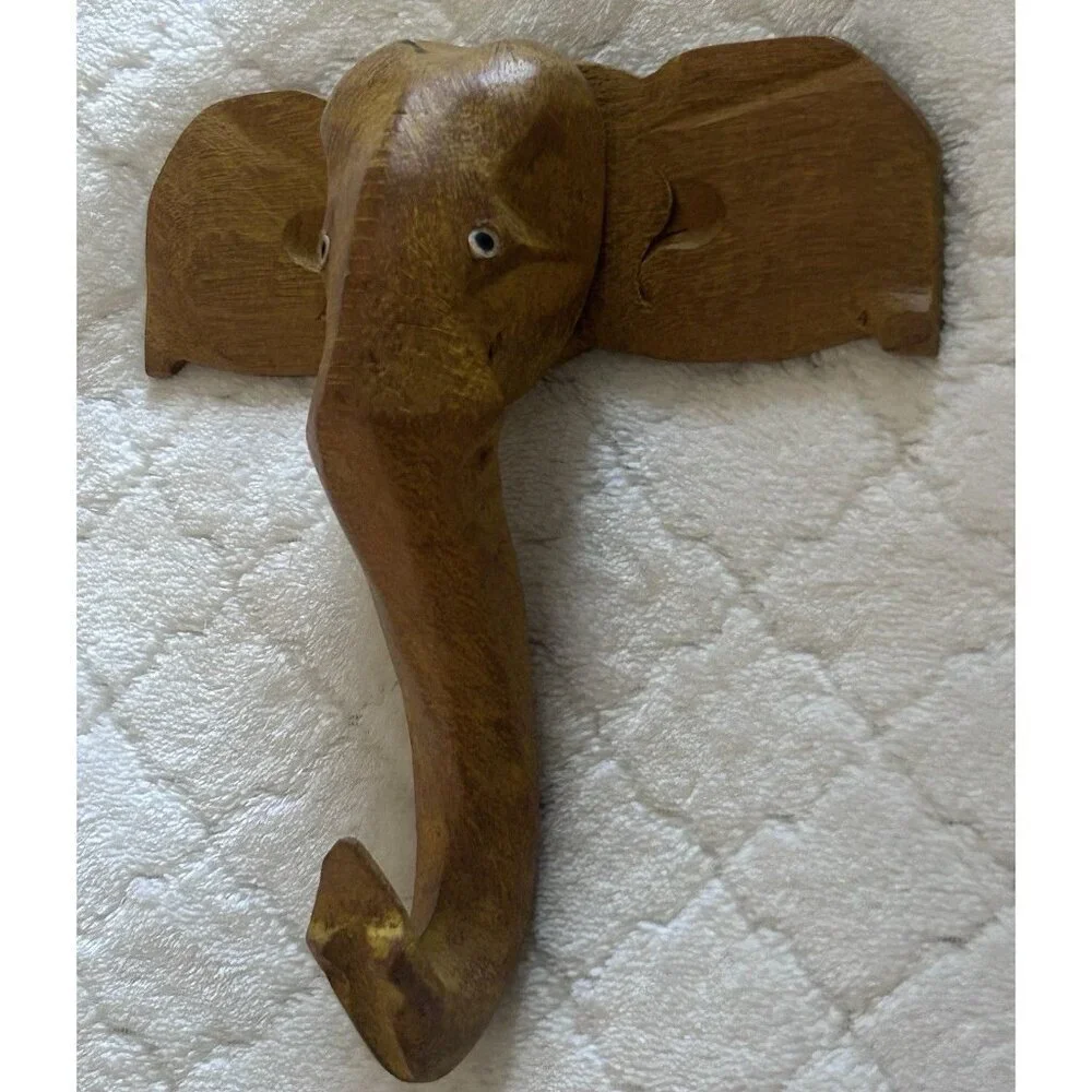 Vintage Hand Carved Wooden Elephant Coat Hook Primitive Art 6